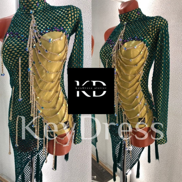1025 Green-gold latin dance dress