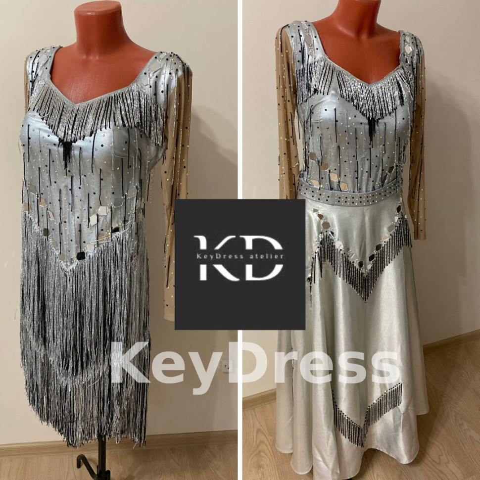 1063 Silver set: latin dance dress+ ballroom skirt