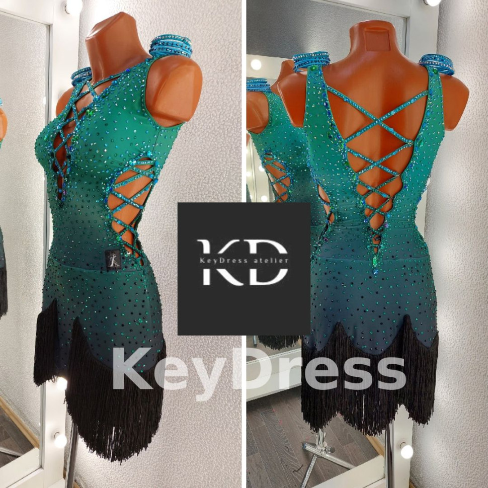 1075 Gradient green-black latin dance dress