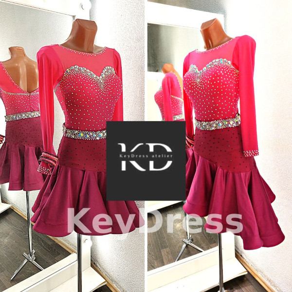 1085 Pink-red latin dance dress