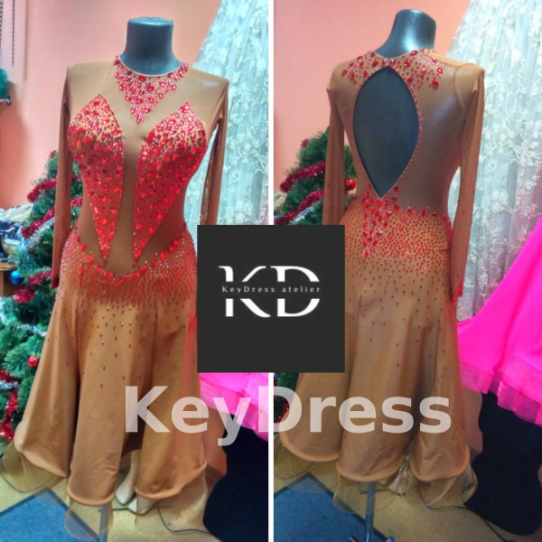 1091 Beige-red latin dance dress