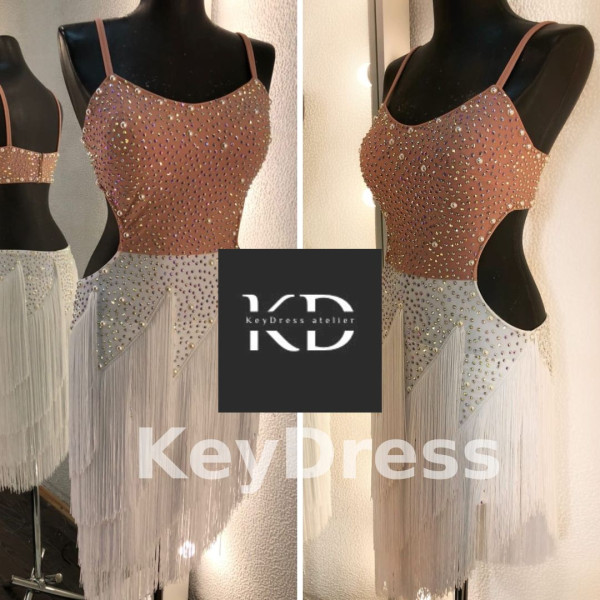 1107 Beige-white latin dance dress