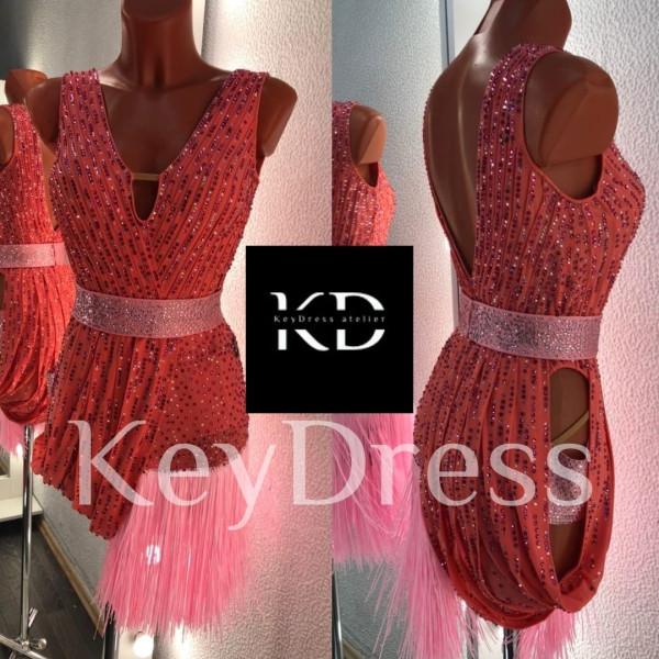 1016 Coral-pink latin dance dress