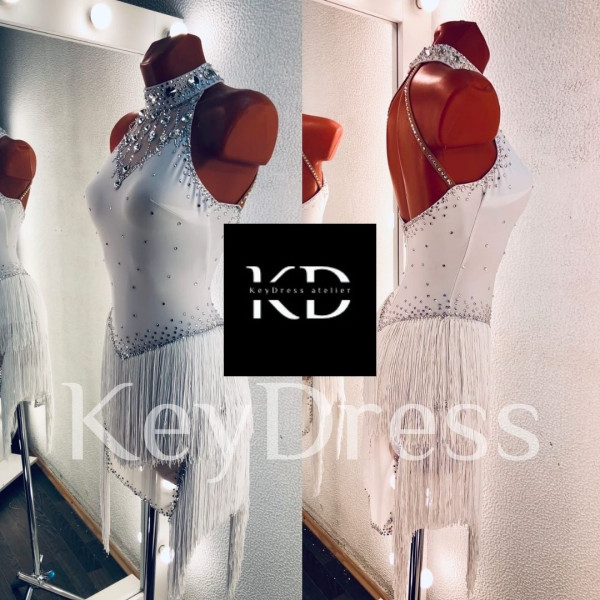 1017 White fringe latin dance dress