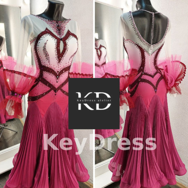 2038 White-maroon ballroom dress